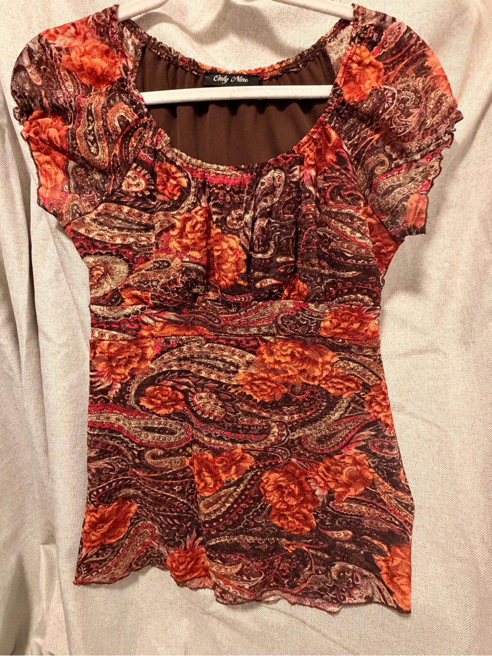 Floral Paisley Scoop-Neck Top - Brown & Orange